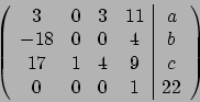 \begin{displaymath}
\left( \begin{array}{cccc\vert c}3 & 0 & 3 & 11 & a\\ -18& ...
...
b\\ 17& 1 & 4& 9 & c\\ 0& 0 & 0 & 1 & 22
\end{array} \right)\end{displaymath}